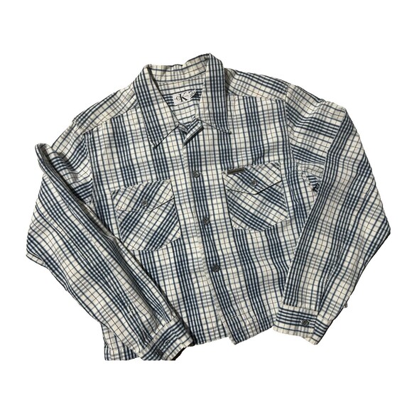 Calvin Klein CK Blue Plaid‎ Jean Jacket Women's L - Denim Cropped - Picture 1 of 8